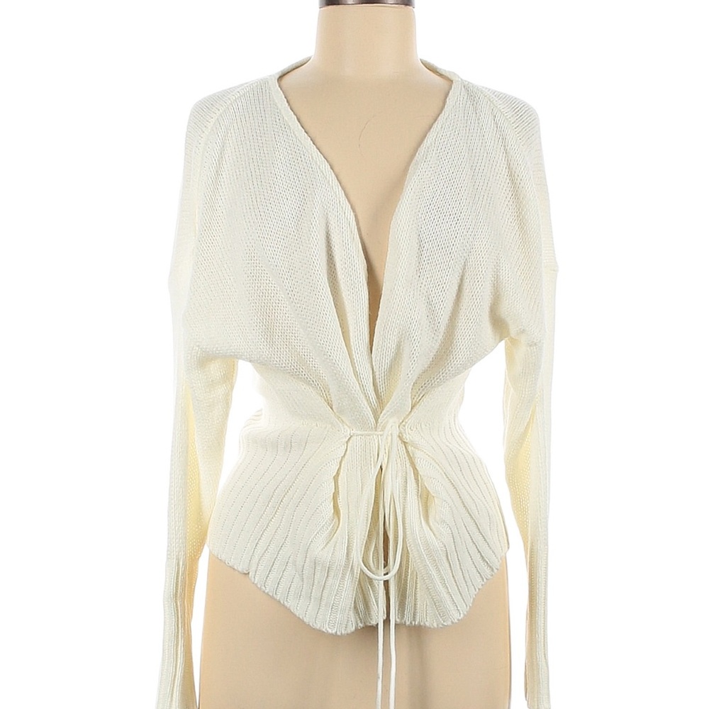 PrettyLittleThing Wrap Tie Front Cardigan Cream Ribbed V Neck Sweater Size M